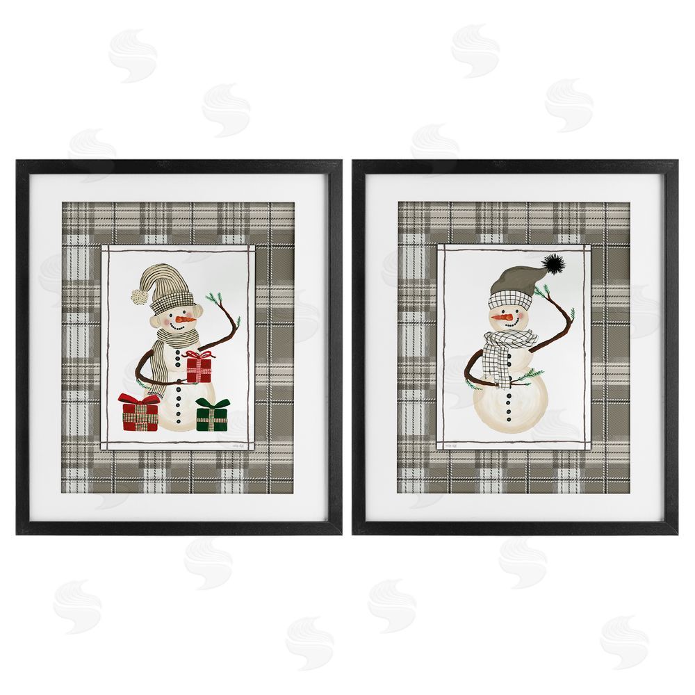 Cindy Jacobs Cozy Snowmen on Plaid Black Framed Print Under Glass Set