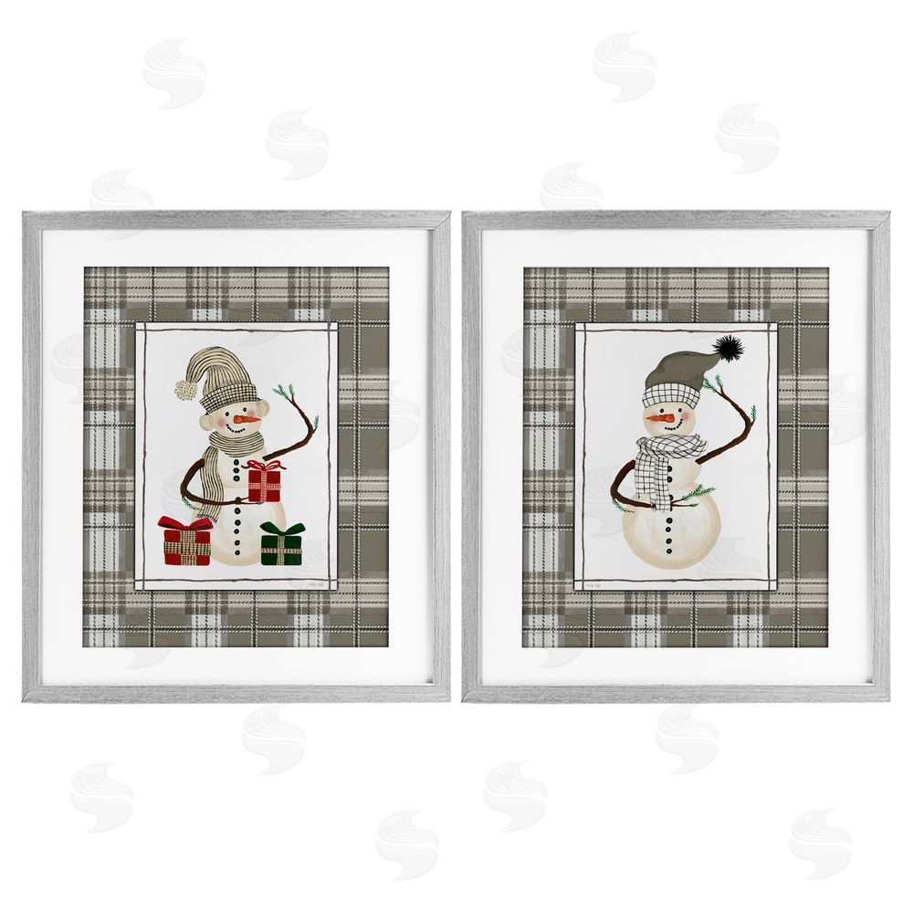 Cindy Jacobs Cozy Snowmen on Plaid Gray Framed Print Under Glass Set