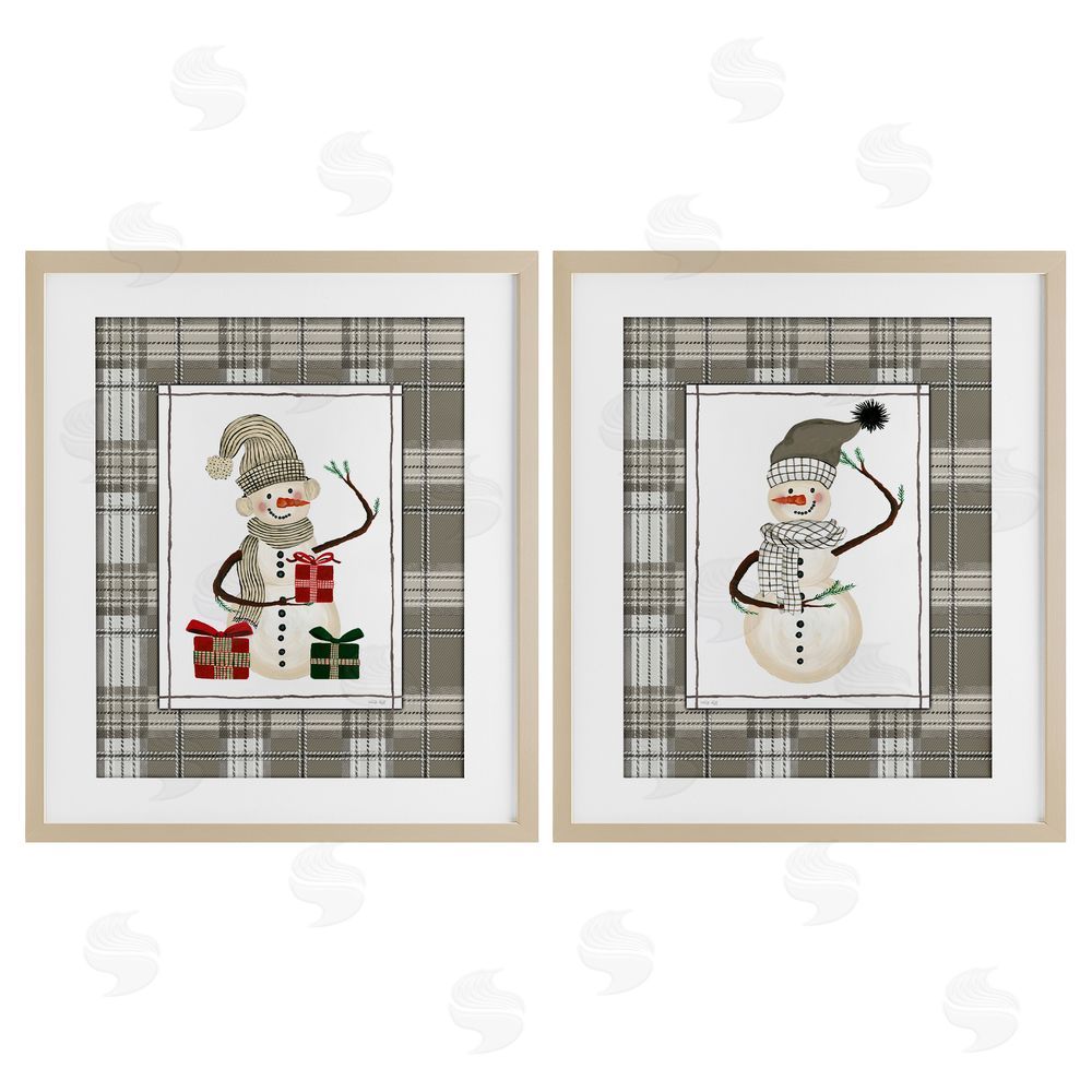 Cindy Jacobs Cozy Snowmen on Plaid Birch Framed Print Under Glass Set