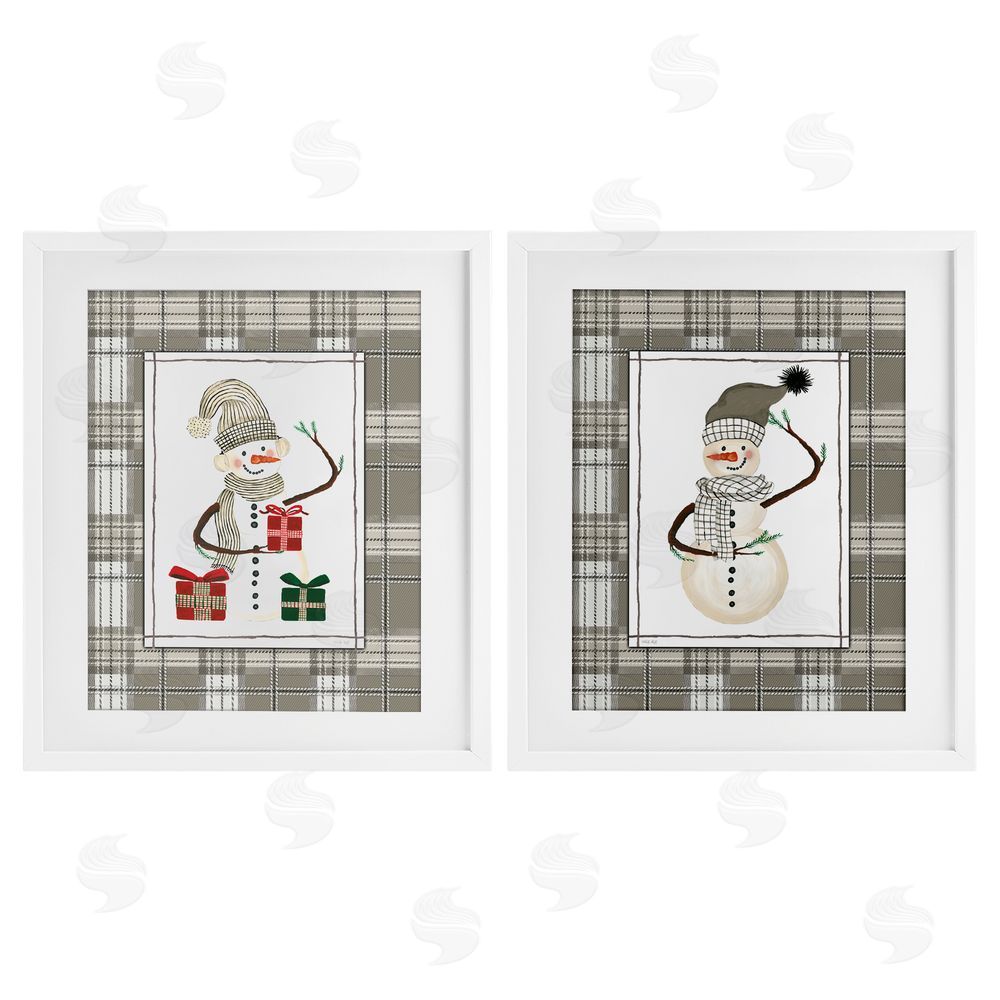 Cindy Jacobs Cozy Snowmen on Plaid White Framed Print Under Glass Set