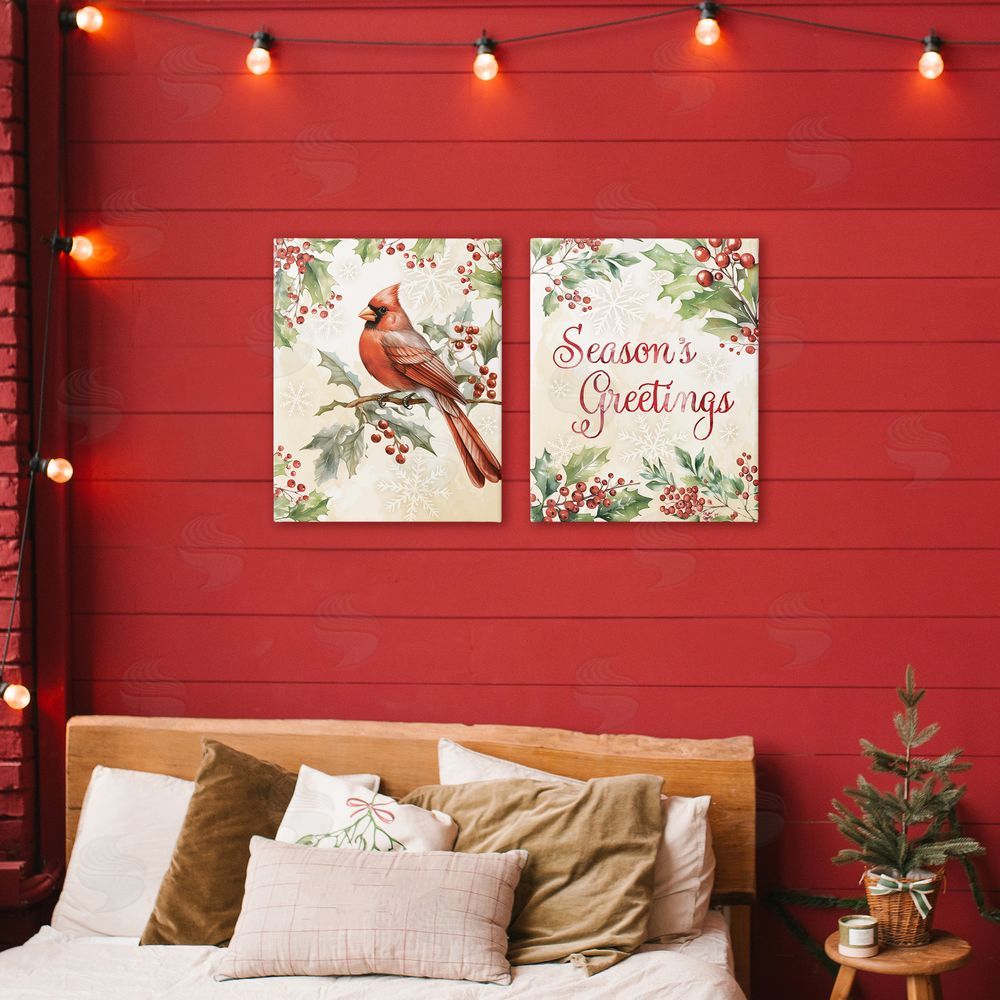 Nicole DeCamp Season's Greetings and Cardinal Printed Wall Art Set in Room