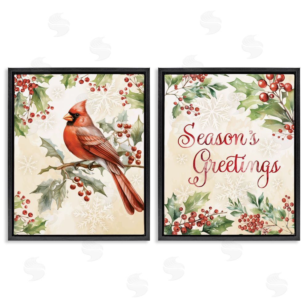 Nicole DeCamp Season's Greetings and Cardinal Black Floating Frame Canvas Wall Art Set