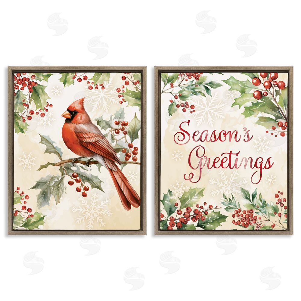Nicole DeCamp Season's Greetings and Cardinal Brown Floating Frame Canvas Art Set