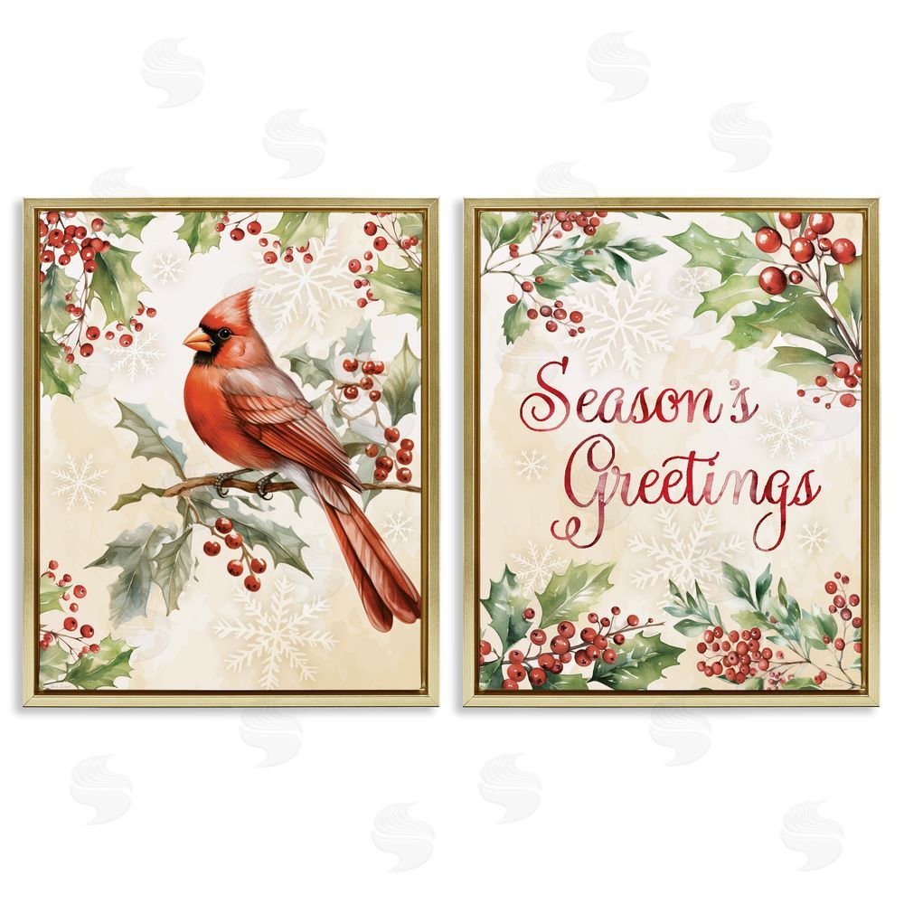 Nicole DeCamp Season's Greetings and Cardinal Gold Floating Frame Canvas Art Set