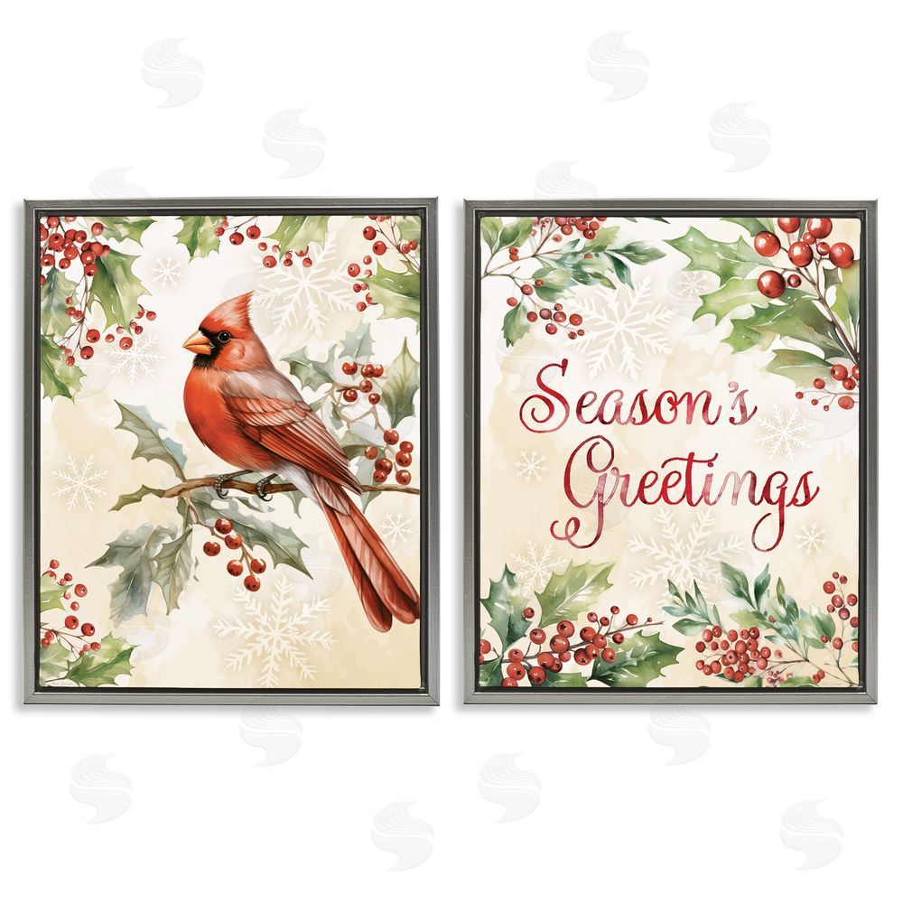 Nicole DeCamp Season's Greetings and Cardinal Gray Floating Frame Canvas Art Set