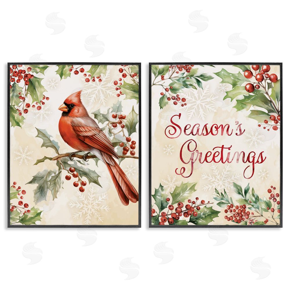 Nicole DeCamp Season's Greetings and Cardinal Black Framed Giclee Art Set