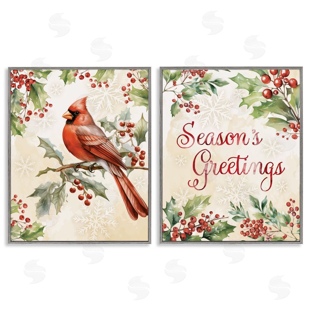 Nicole DeCamp Season's Greetings and Cardinal Gray Framed Giclee Art Set