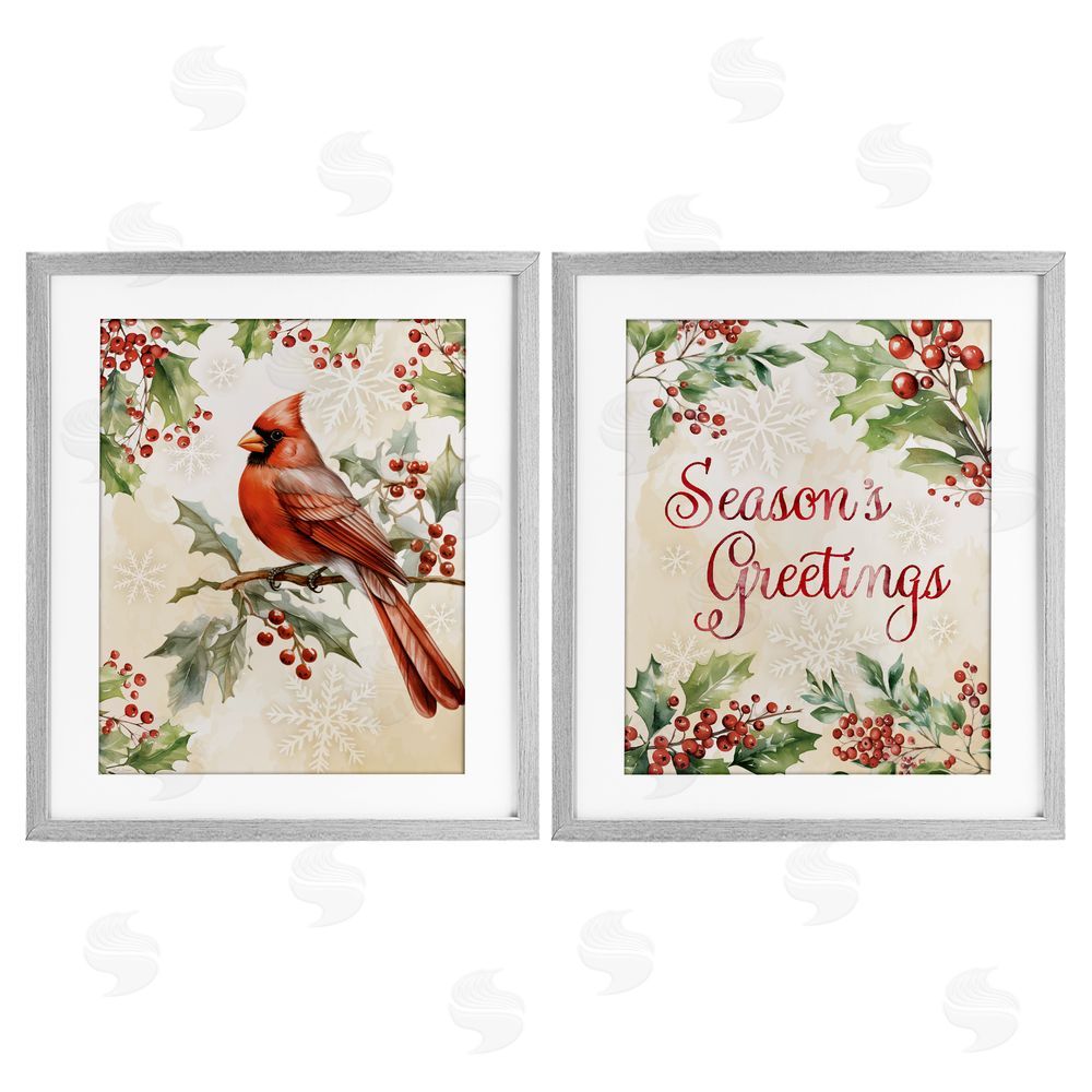 Nicole DeCamp Season's Greetings and Cardinal Gray Framed Print Under Glass Set