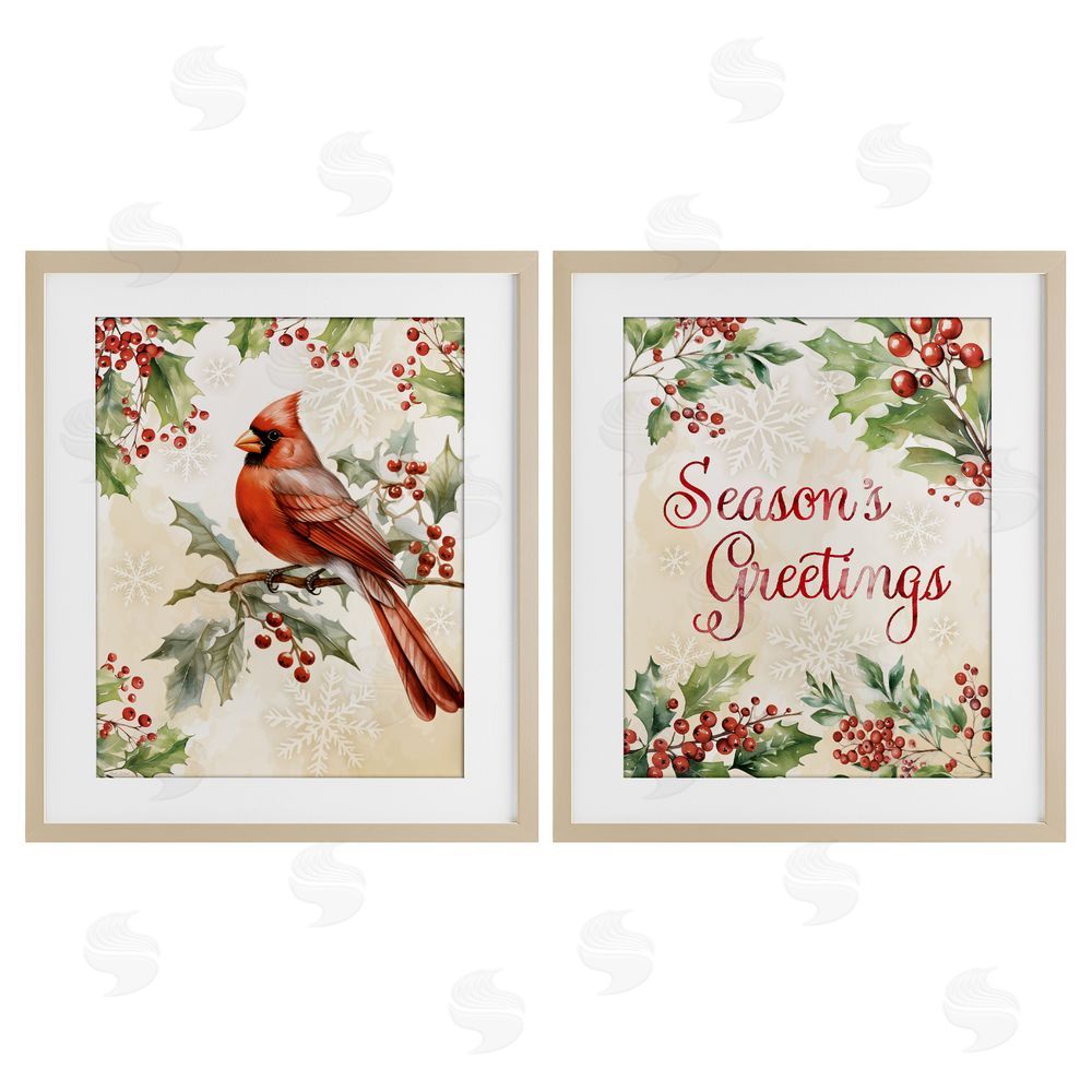 Nicole DeCamp Season's Greetings and Cardinal Birch Framed Print Under Glass Set
