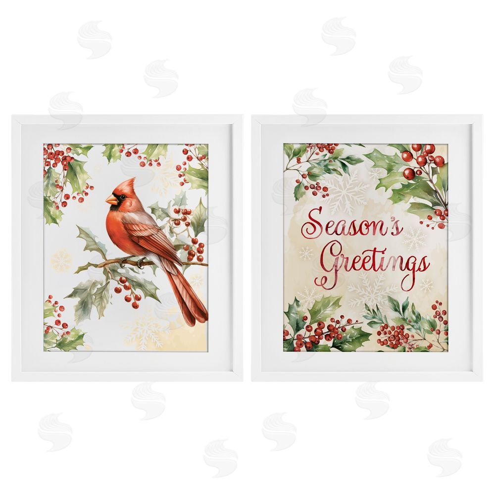 Nicole DeCamp Season's Greetings and Cardinal White Framed Print Under Glass Set