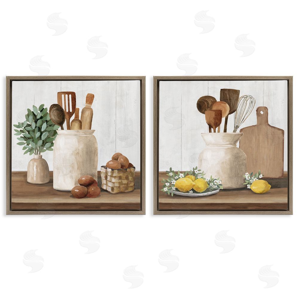 White Ladder Country Kitchen Setup Brown Floating Frame Canvas Wall Art Print