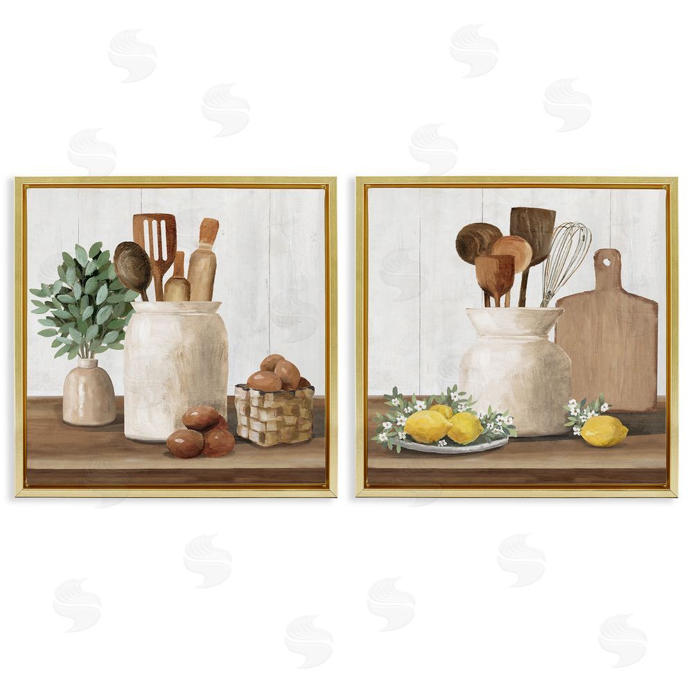 White Ladder Country Kitchen Setup Gold Floating Frame Canvas Wall Art Print