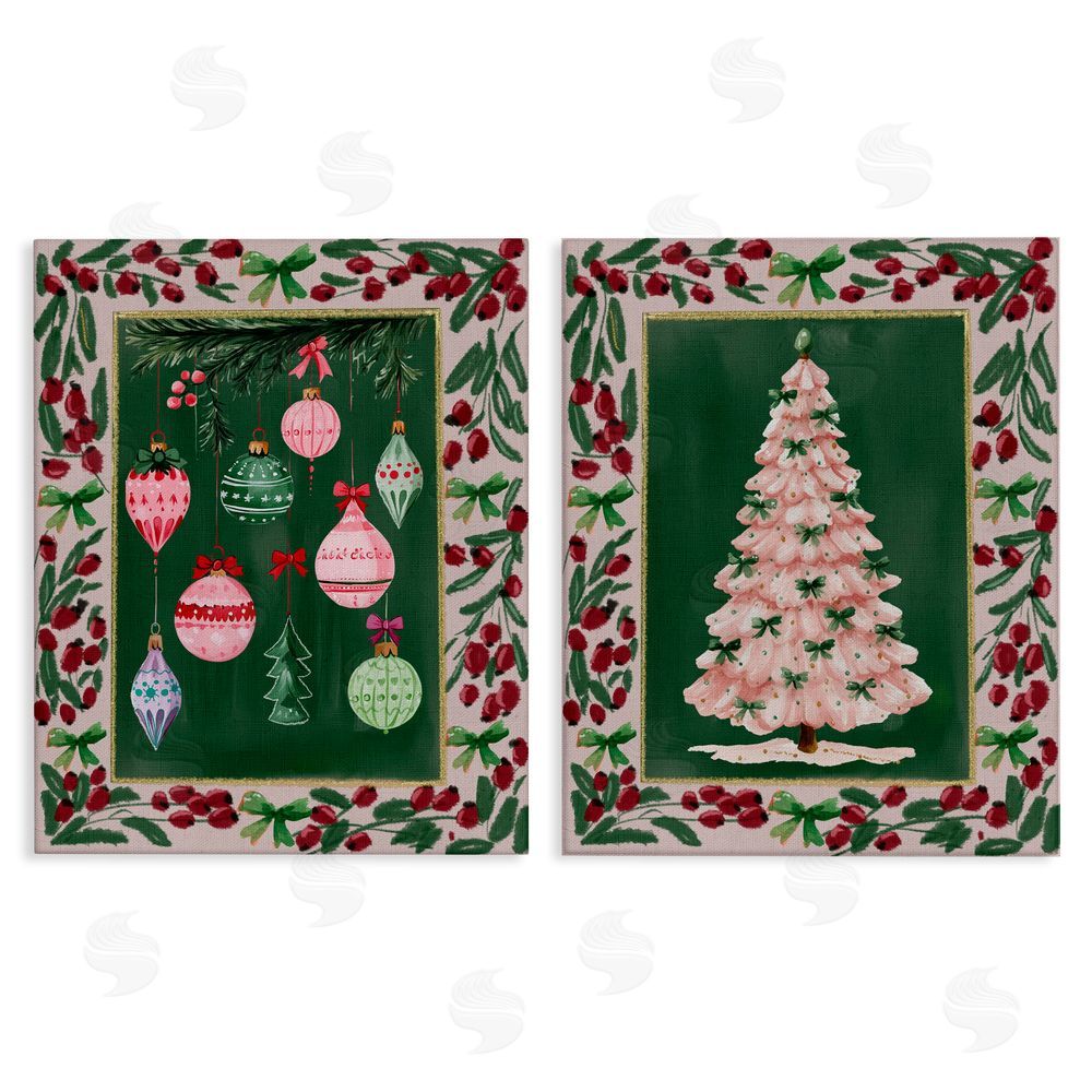 Yen Vintage Ornaments & Tree Border Canvas Wall Art Set