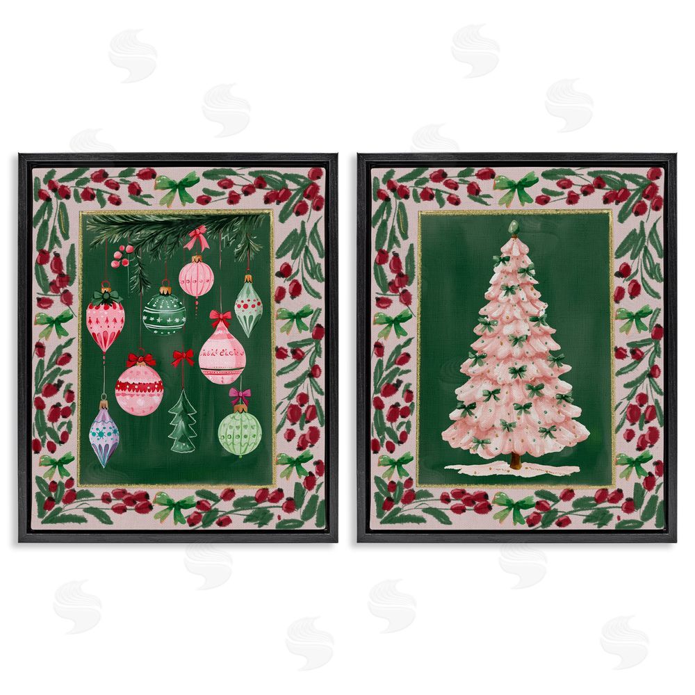 Yen Vintage Ornaments & Tree Border Black Floating Frame Canvas Wall Art Set