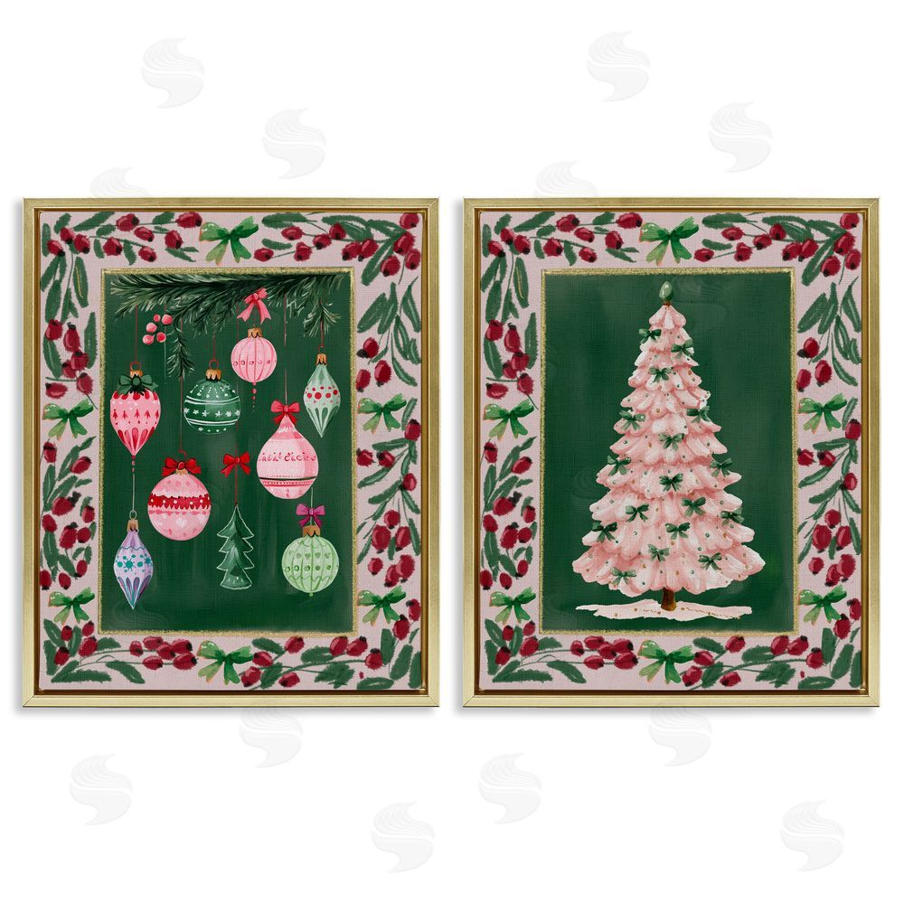 Yen Vintage Ornaments & Tree Border Gold Floating Frame Canvas Art Set