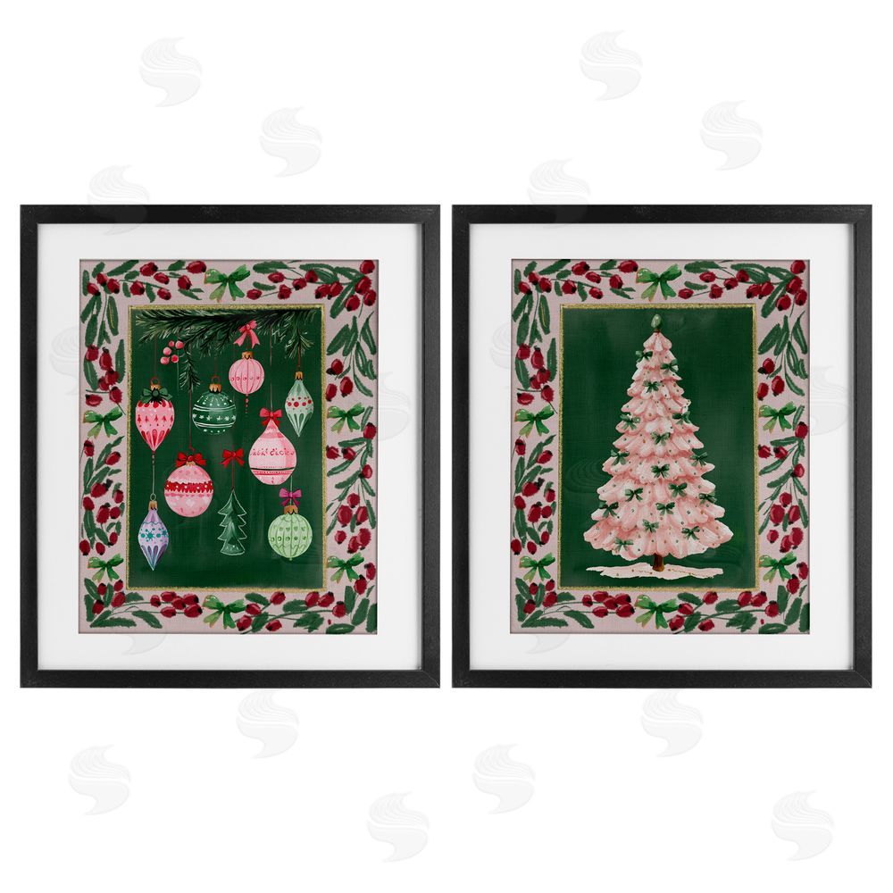 Yen Vintage Ornaments & Tree Border Black Framed Print Under Glass Set