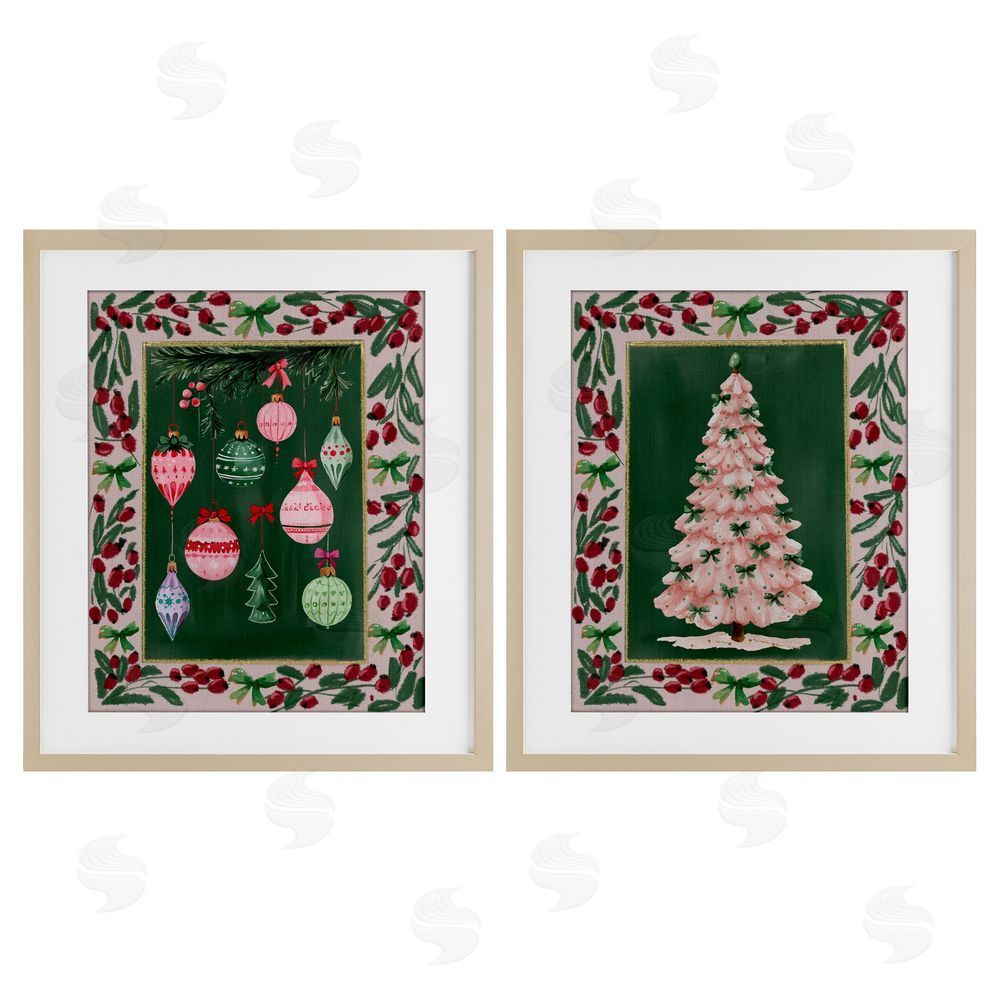 Yen Vintage Ornaments & Tree Border Birch Framed Print Under Glass Set