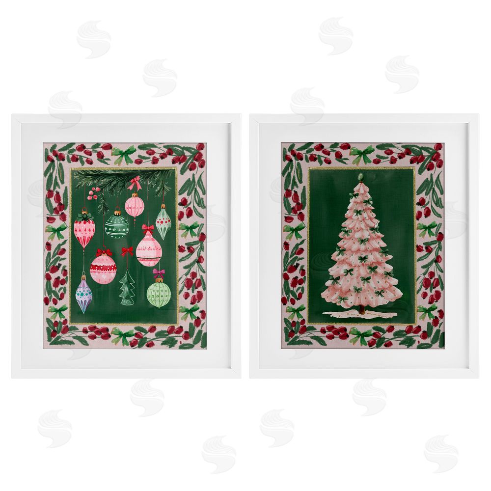 Yen Vintage Ornaments & Tree Border White Framed Print Under Glass Set