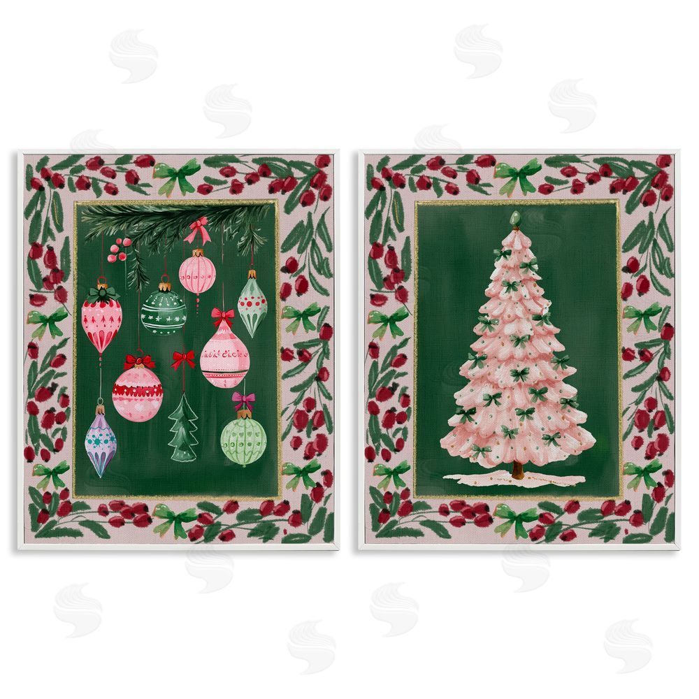 Yen Vintage Ornaments & Tree Border White Frame Giclee Art Set
