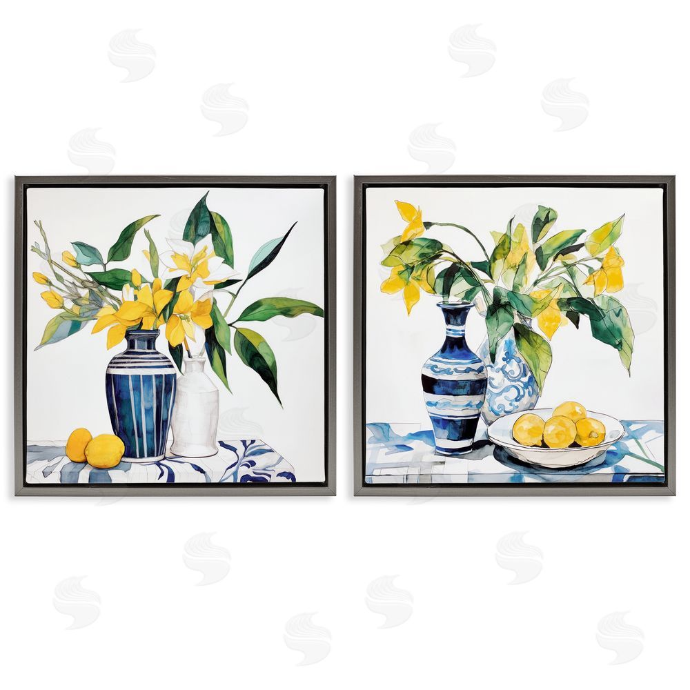 Ray Powers Lemon Blooms Table Setting Gray Floating Frame Canvas Wall Art