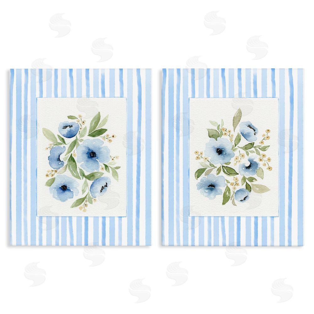 Leah Noel Art Blue Flowers with Stripe Border Stretched Canvas Wall Art Print
