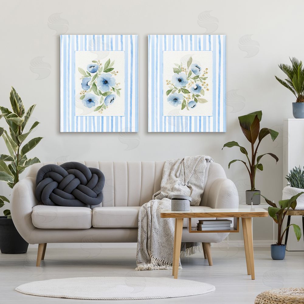 Leah Noel Art Blue Flowers with Stripe Border Stretched Canvas Wall Art in Room