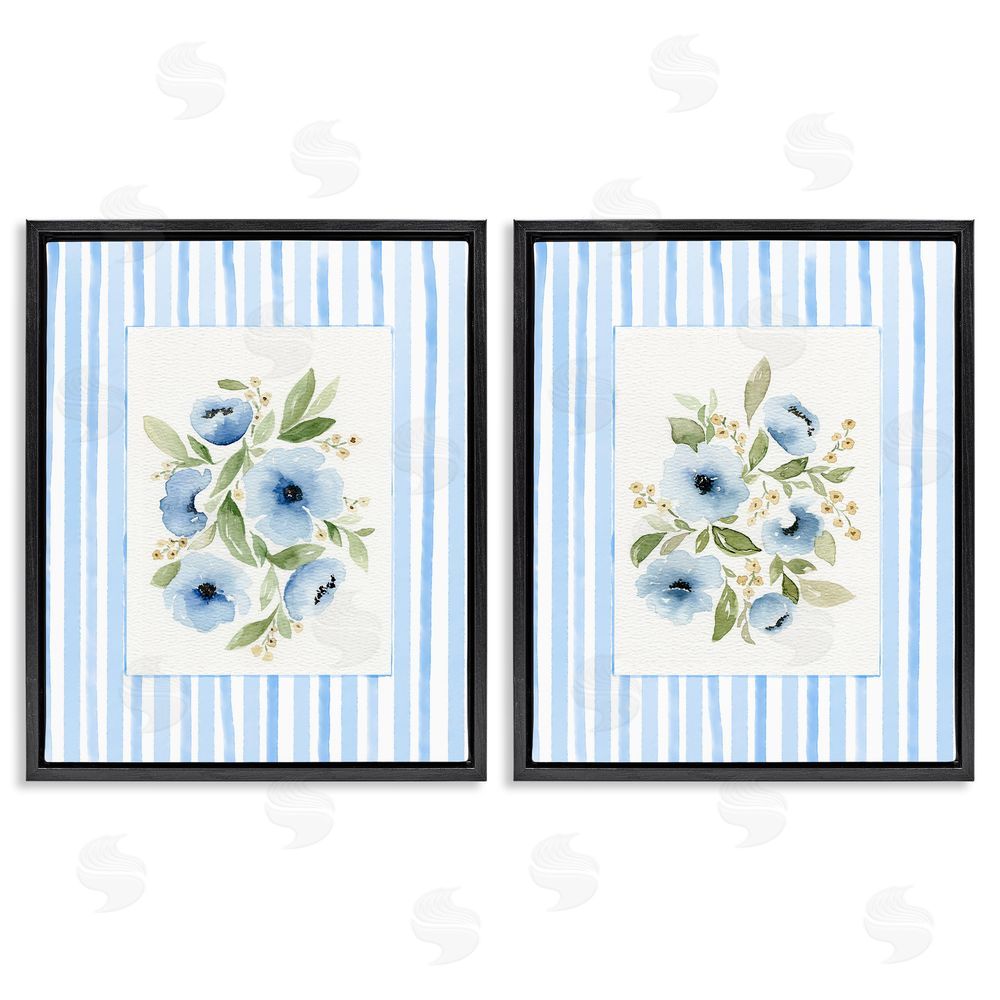 Leah Noel Art Blue Flowers with Stripe Border Black Floating Frame Canvas Wall Art Print