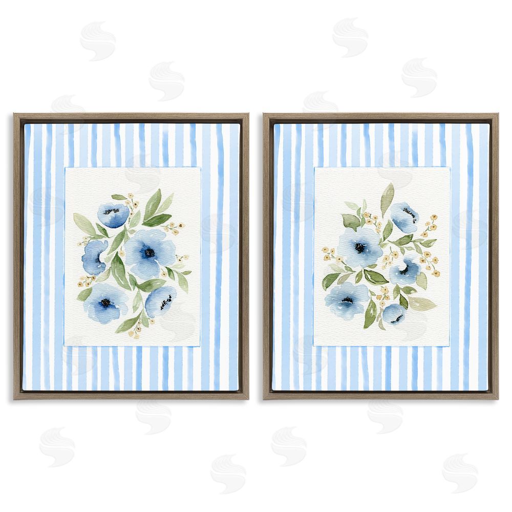 Leah Noel Art Blue Flowers with Stripe Border Brown Floating Frame Canvas Wall Art Print