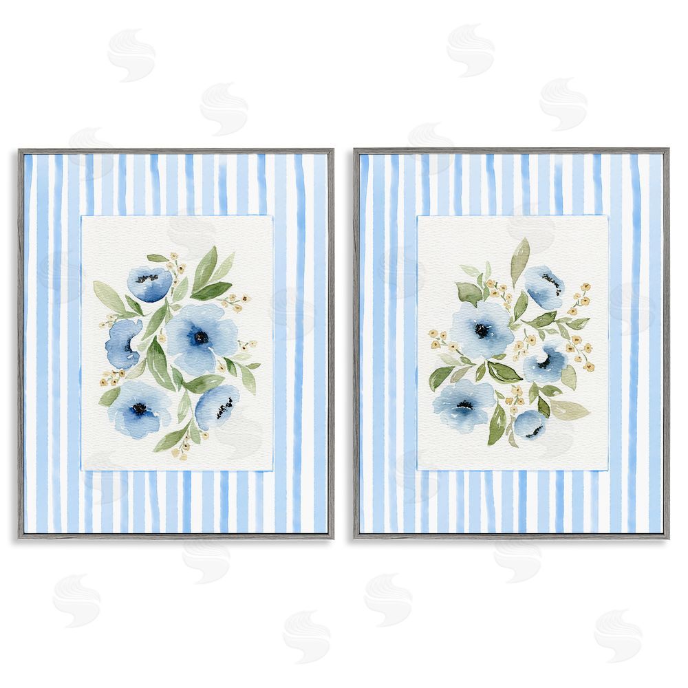 Leah Noel Art Blue Flowers with Stripe Border Gray Framed Giclee Wall Art Print