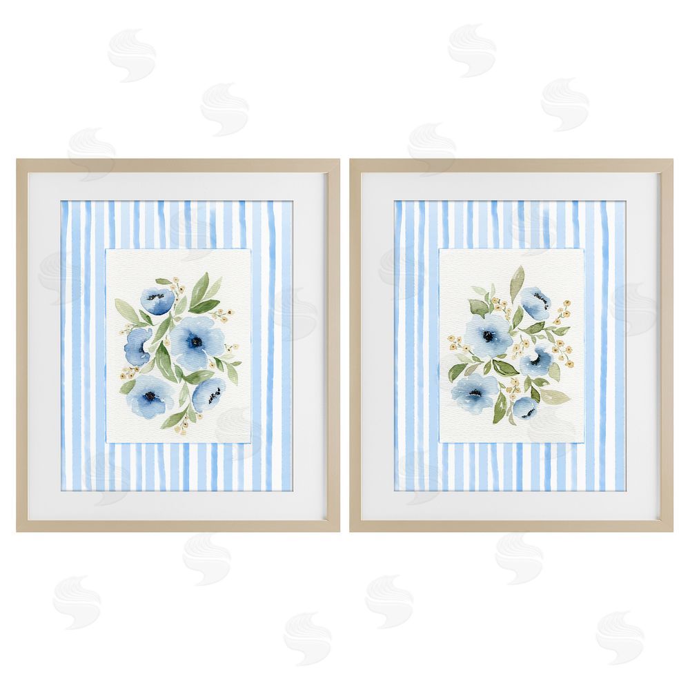 Leah Noel Art Blue Flowers with Stripe Border Birch Framed Print Under Glass Wall Art