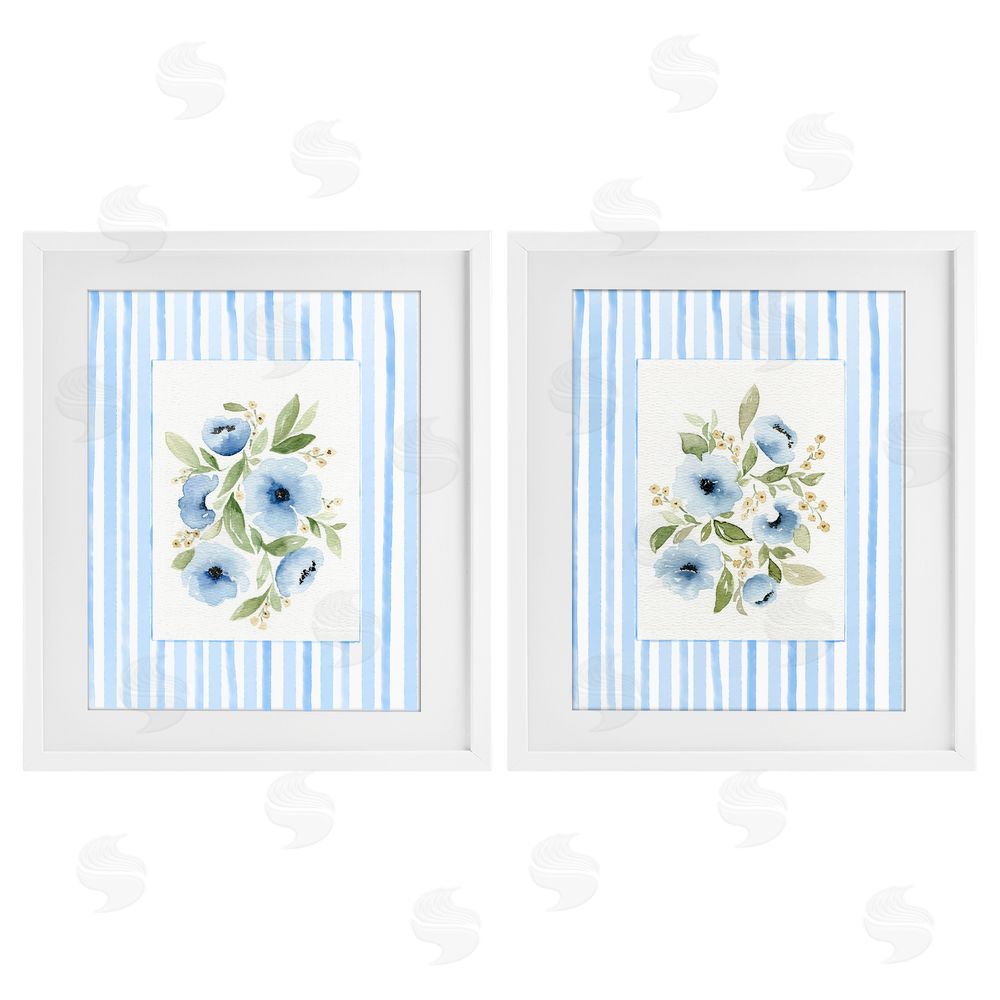 Leah Noel Art Blue Flowers with Stripe Border White Framed Print Under Glass Wall Art