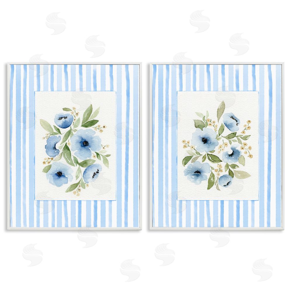 Leah Noel Art Blue Flowers with Stripe Border White Framed Giclee Wall Art Print