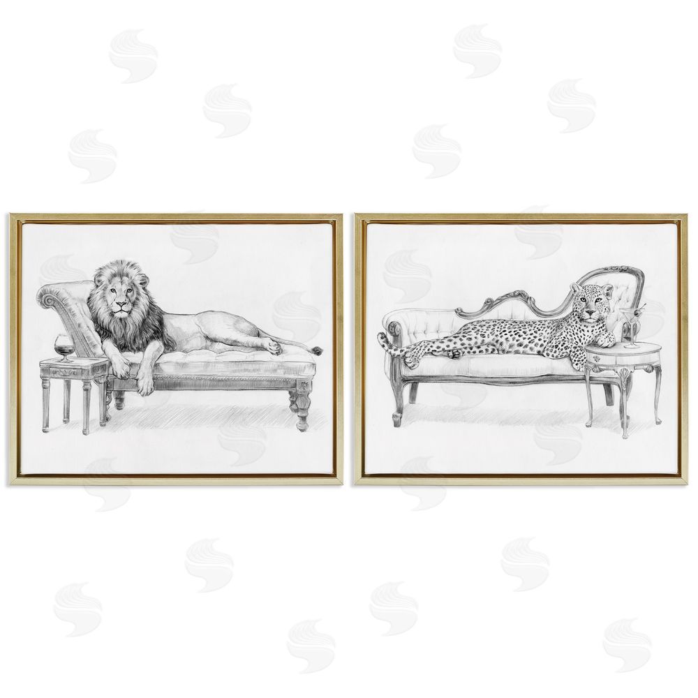 Victoria Barnes Lounging Beasts Wildlife Gold Floating Frame Canvas Wall Art