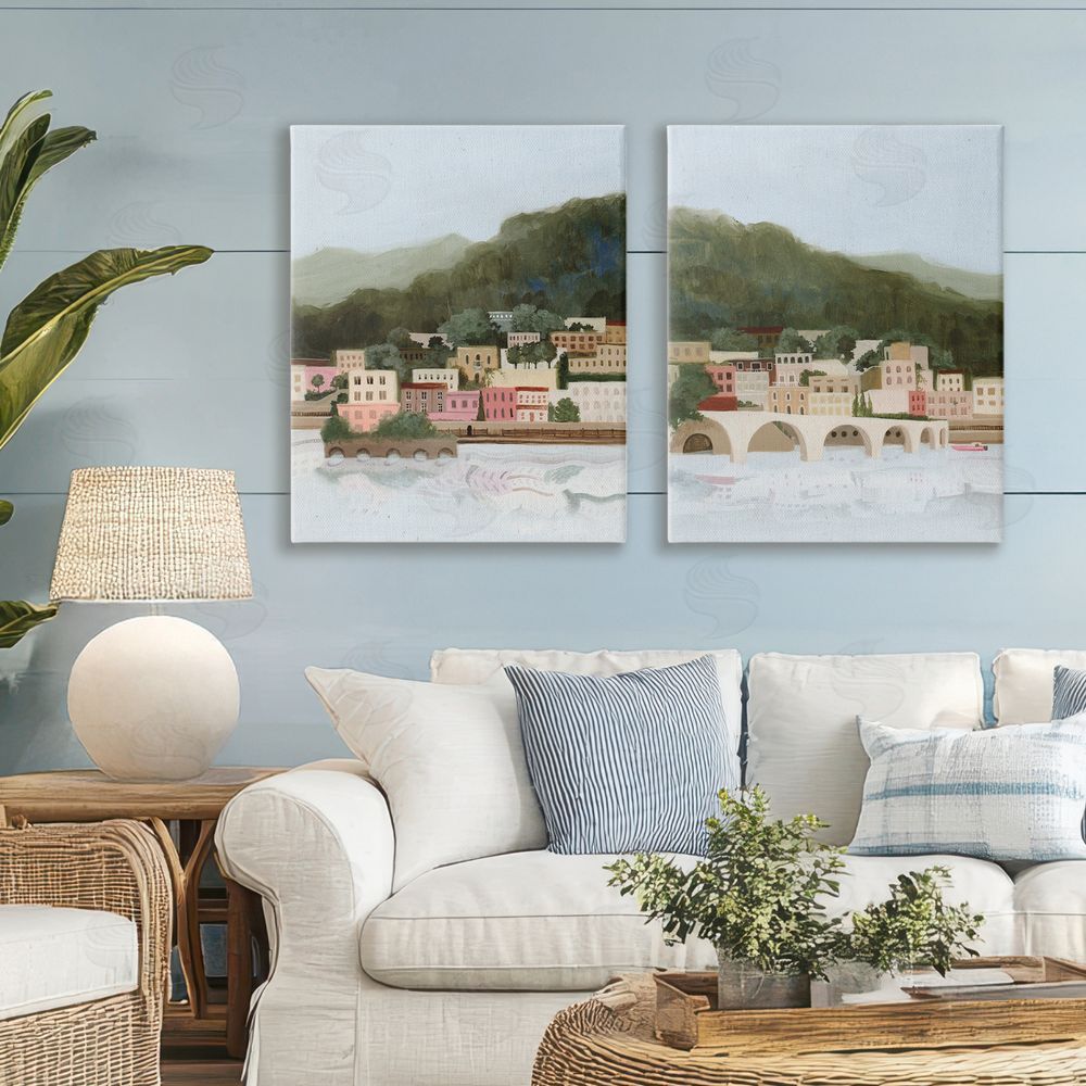 Grace Popp Mountain Town by Sea Stretched Canvas Wall Art in Room