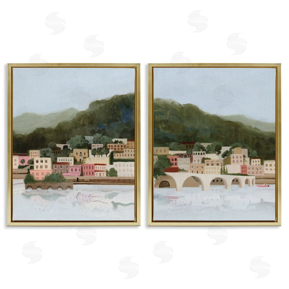 Grace Popp Mountain Town by Sea Gold Floating Frame Canvas Wall Art