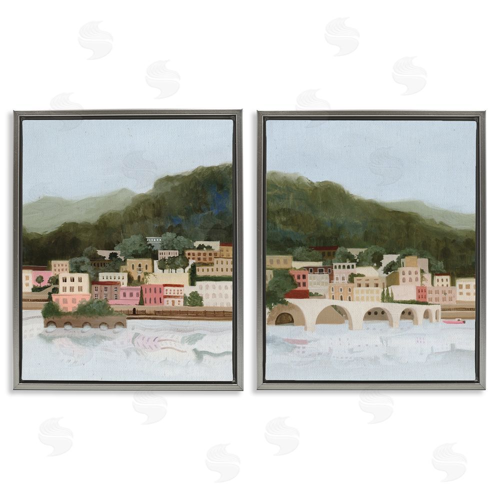 Grace Popp Mountain Town by Sea Gray Floating Frame Canvas Wall Art
