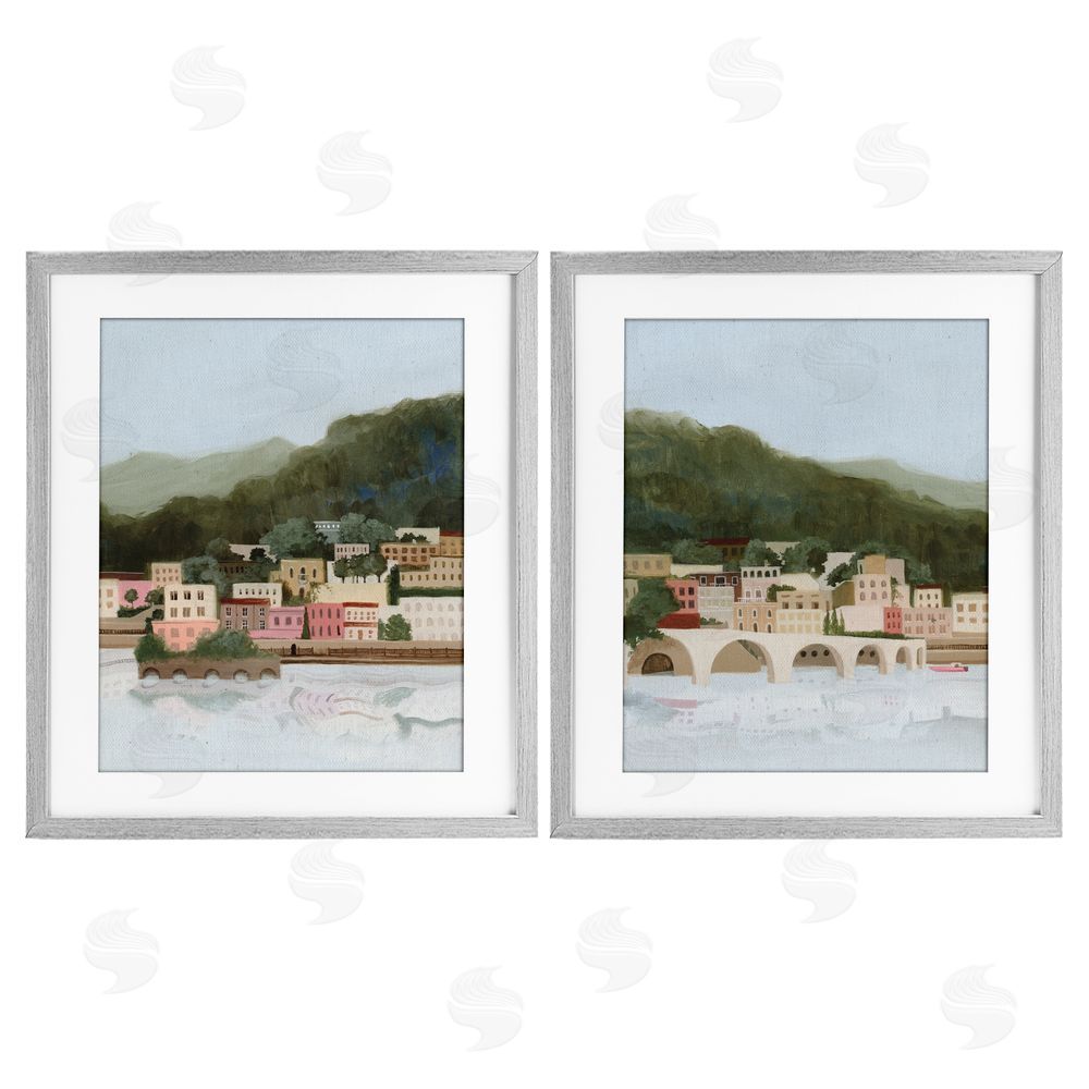 Grace Popp Mountain Town by Sea Gray Framed Print Under Glass with Mat Wall Art