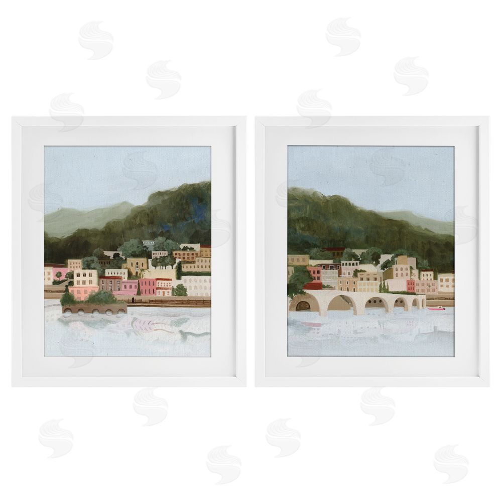 Grace Popp Mountain Town by Sea White Framed Print Under Glass with Mat Wall Art