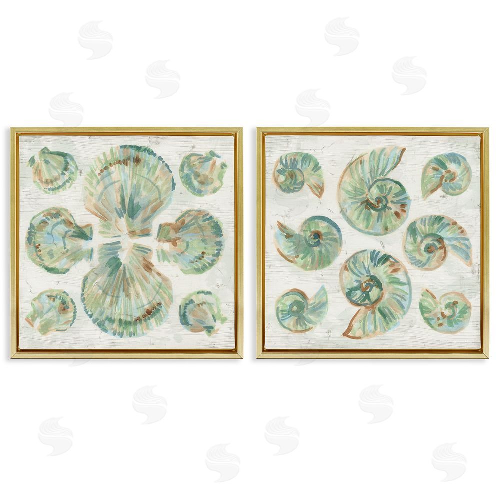 June Erica Vess Saltwashed Seashells Pattern Gold Floating Frame Canvas Wall Art Print