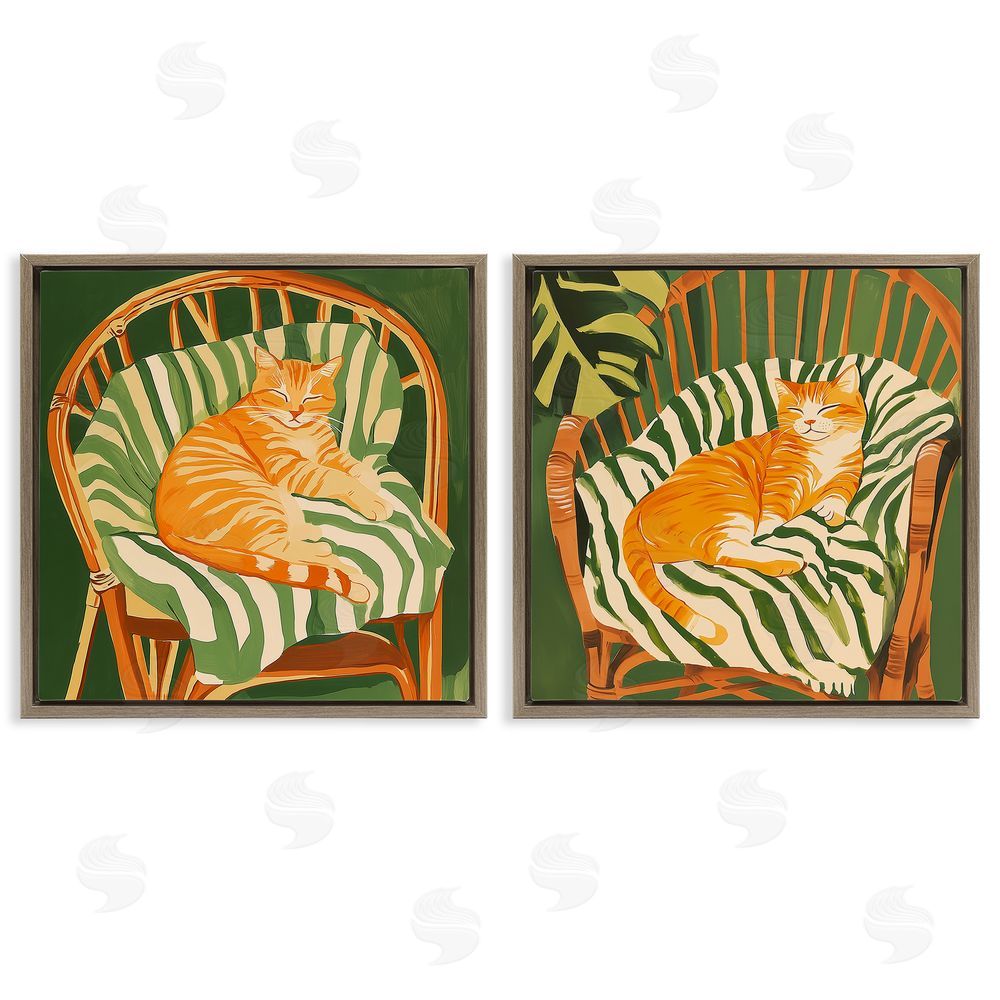 Walker Noble Cozy Cats in Rattan Chairs Brown Floating Frame Wall Art Print