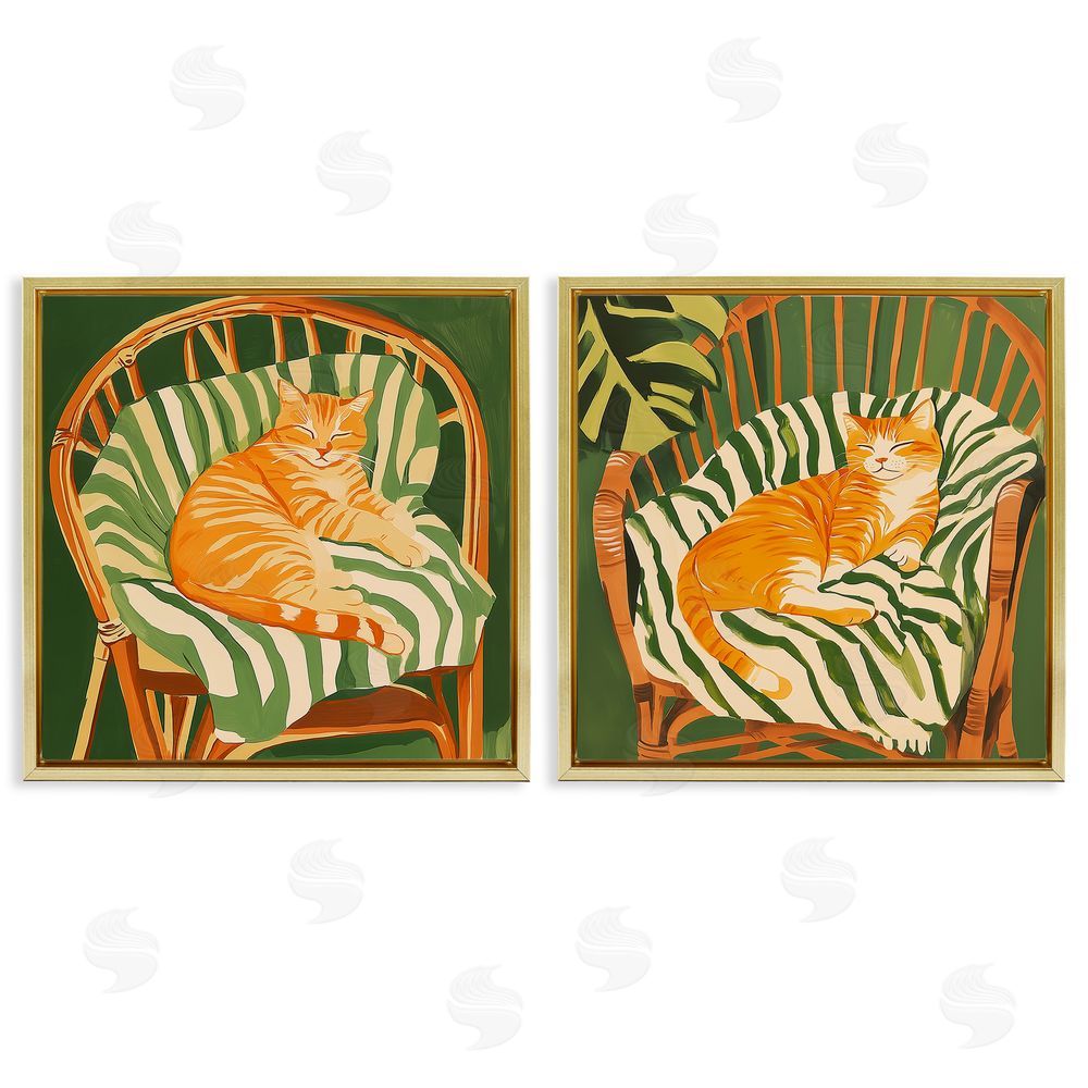 Walker Noble Cozy Cats in Rattan Chairs Gold Floating Frame Wall Art Print