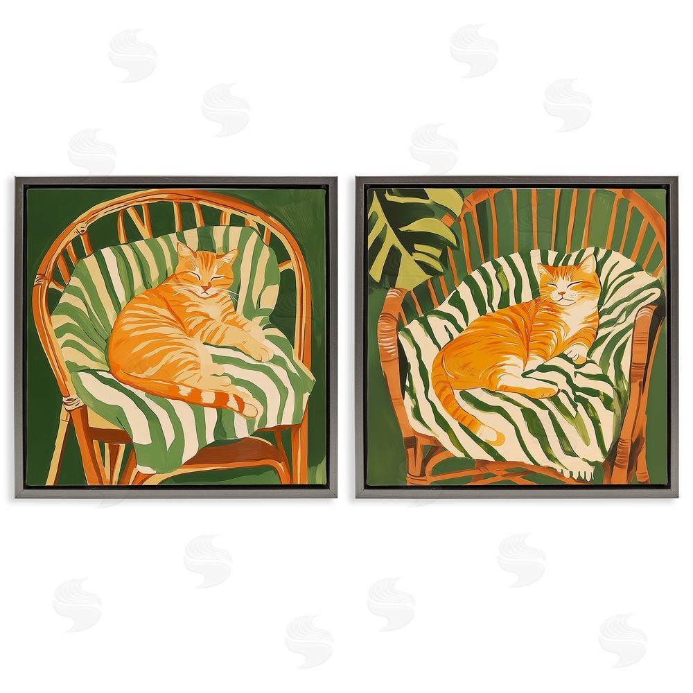 Walker Noble Cozy Cats in Rattan Chairs Gray Floating Frame Wall Art Print