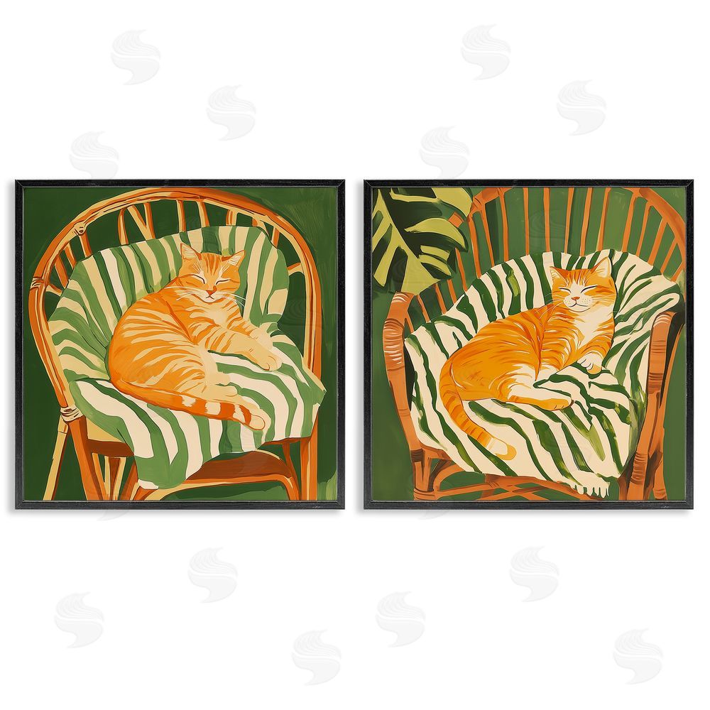 Walker Noble Cozy Cats in Rattan Chairs Black Framed Giclee Wall Art Print