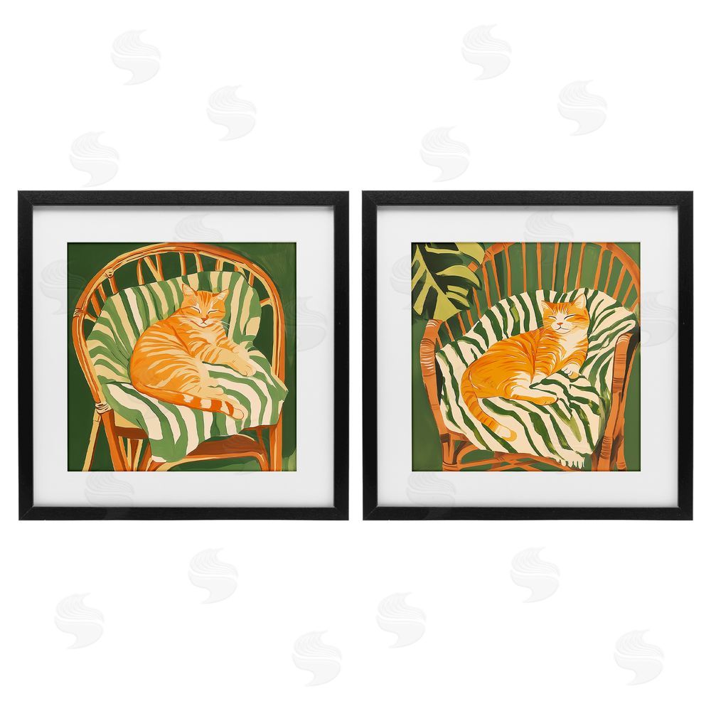 Walker Noble Cozy Cats in Rattan Chairs Black Framed Print Under Glass Wall Art
