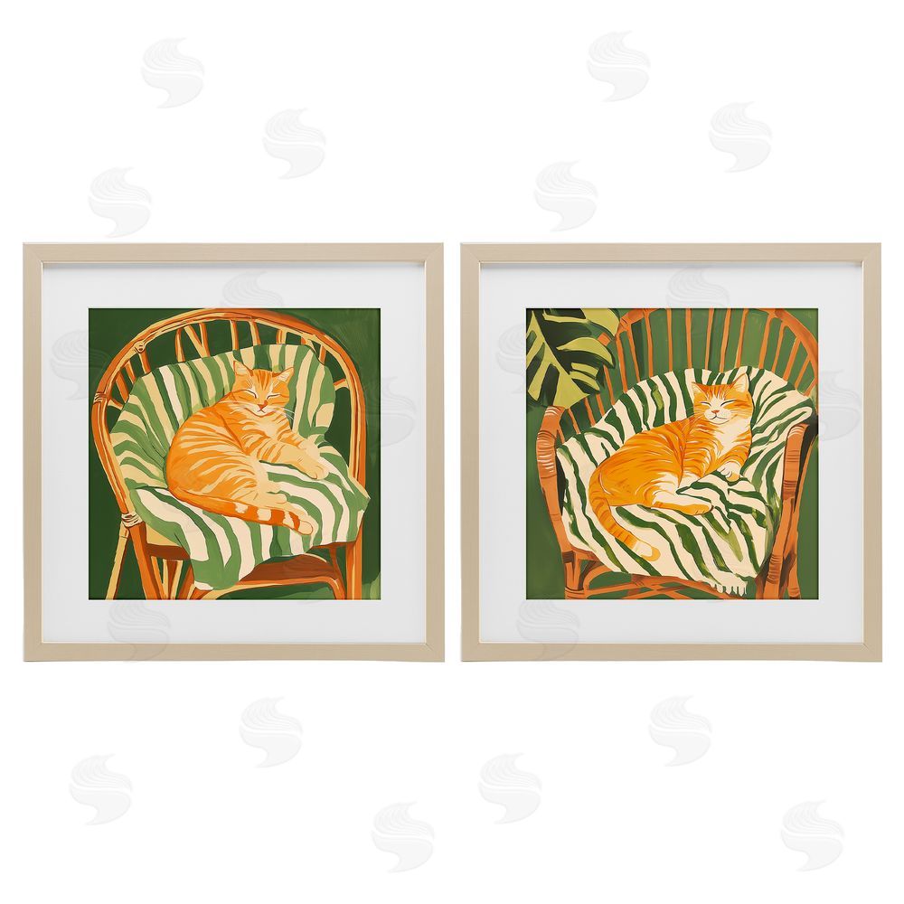 Walker Noble Cozy Cats in Rattan Chairs Birch Framed Print Under Glass Wall Art