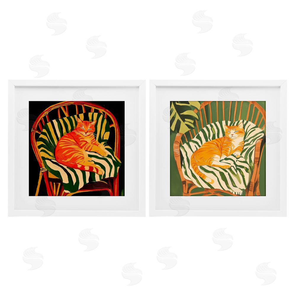 Walker Noble Cozy Cats in Rattan Chairs White Framed Print Under Glass Wall Art