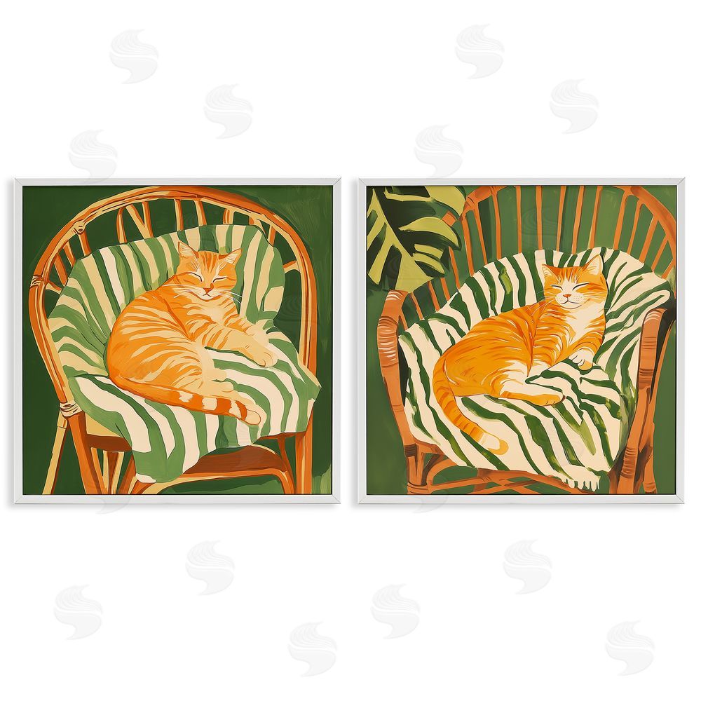 Walker Noble Cozy Cats in Rattan Chairs White Framed Giclee Wall Art Print