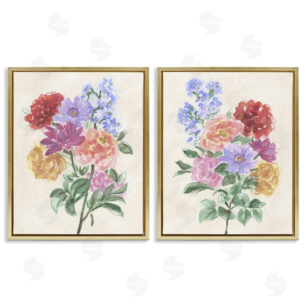 June Erica Vess Spring Blooms on Parchment Gold Floating Frame Canvas Wall Art Print