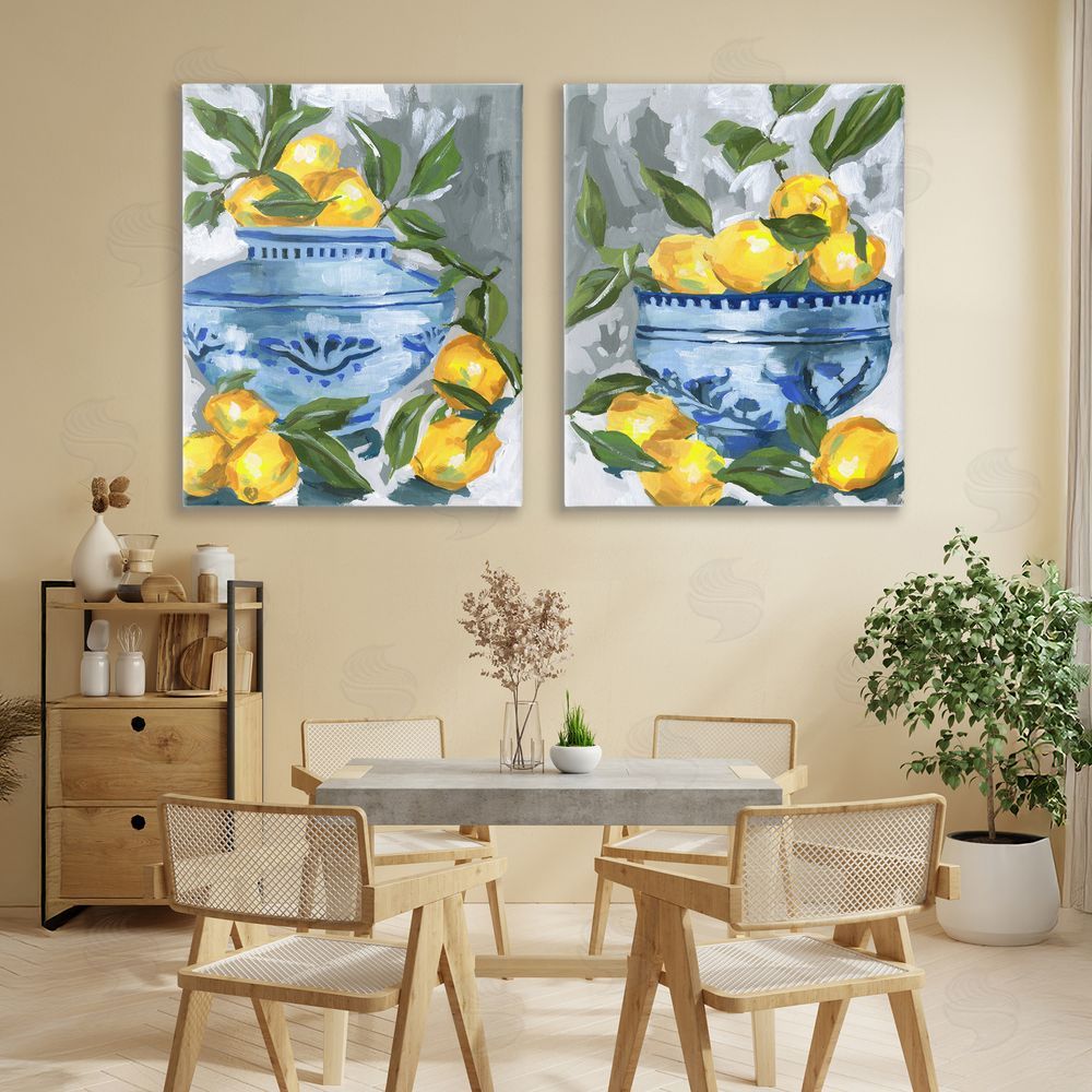 Melissa Wang Indigo & Lemon Citrus Fruits Stretched Canvas Wall Art in Room