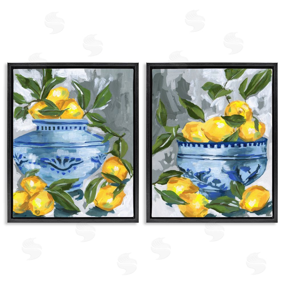 Melissa Wang Indigo & Lemon Citrus Fruits Black Floating Frame Canvas Wall Art
